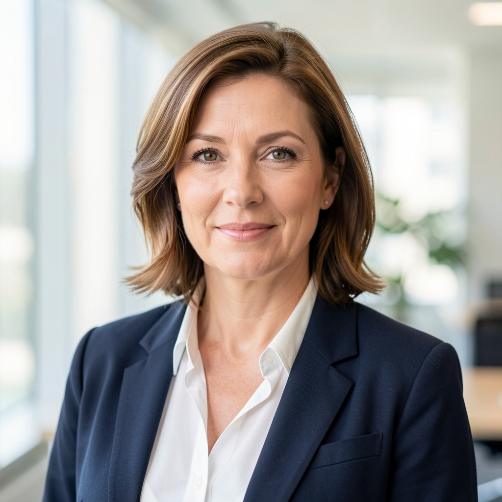 Portrait of a woman in her early forties in a bright modern office, light background, professional editorial portrait style