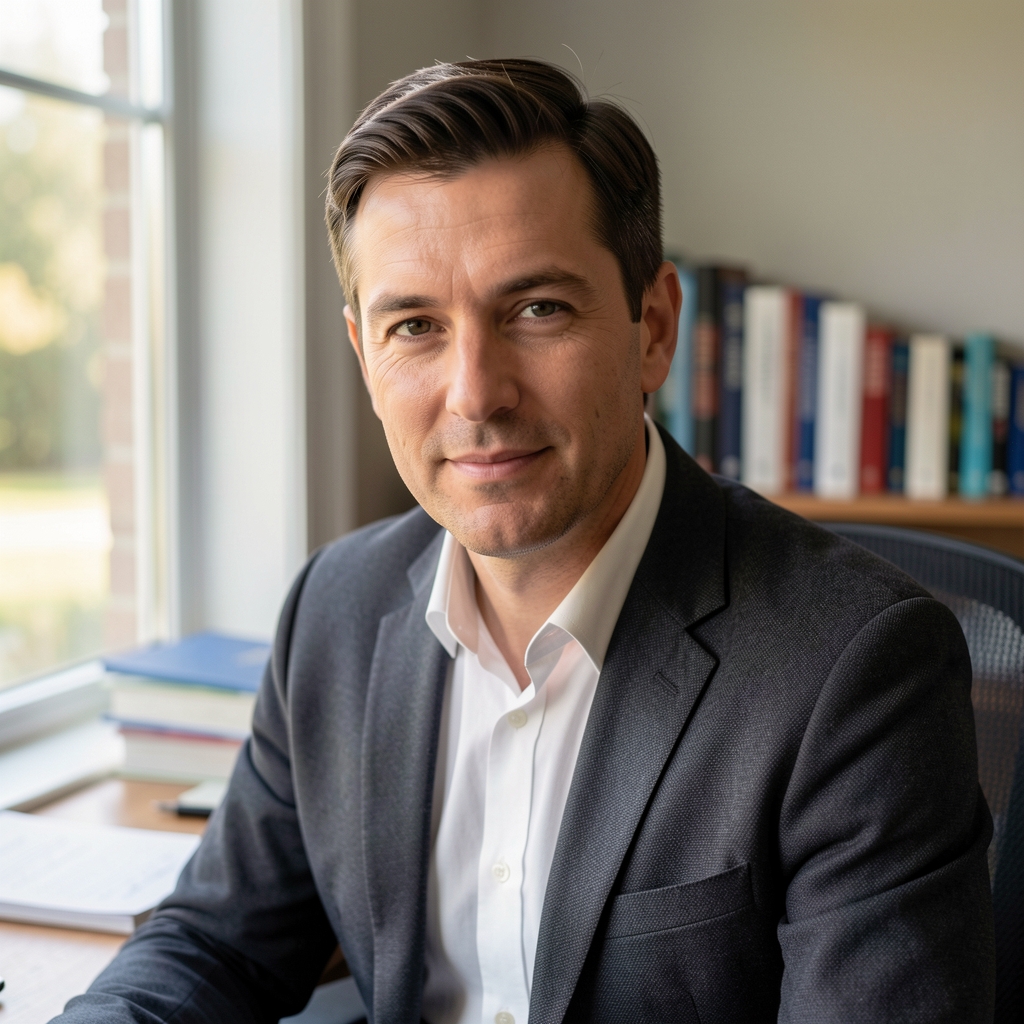 Portrait of a man in his mid-forties at a desk near a window, natural daylight from the left, books and notes in the background, editorial portrait