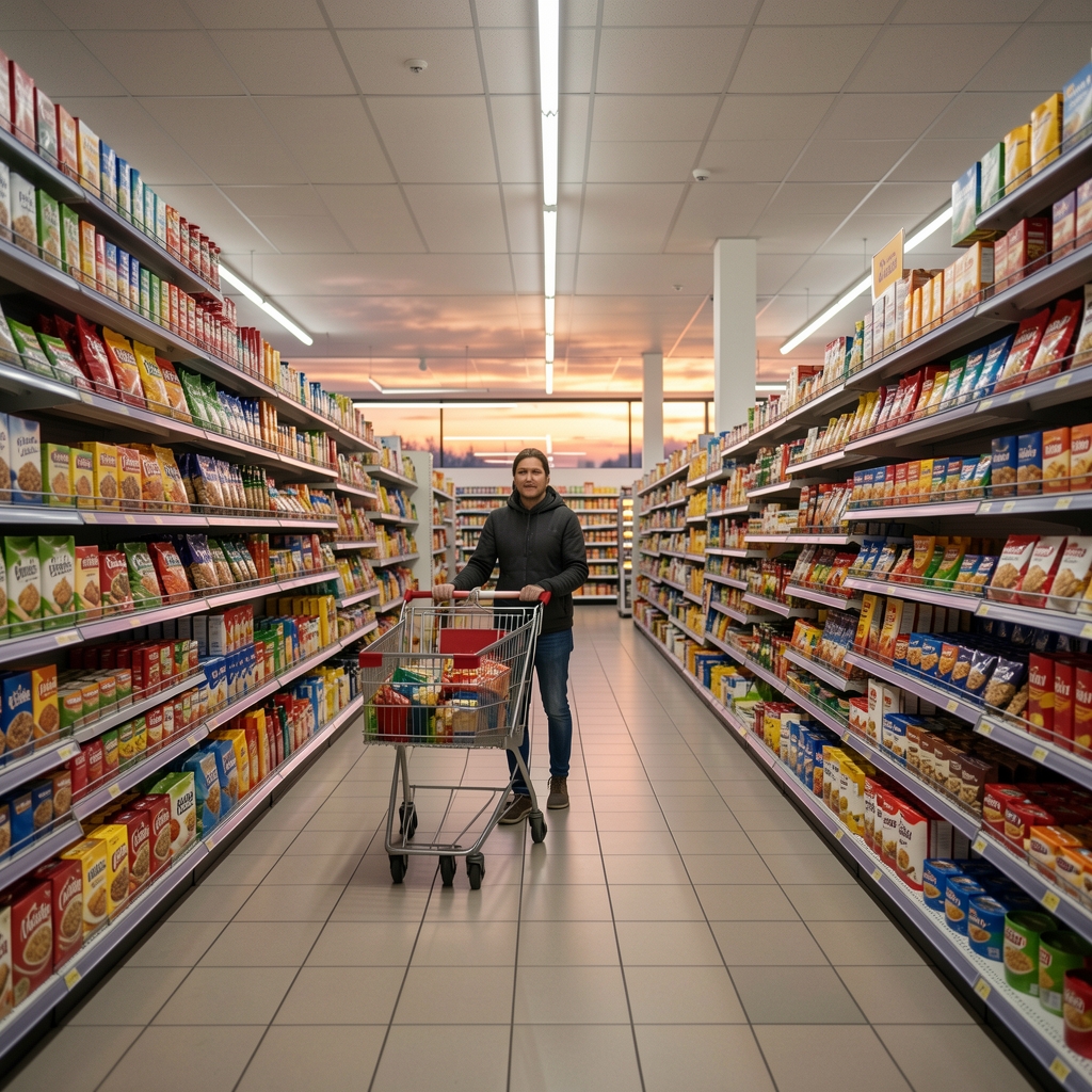 Supermarket aisle at dusk with a shopper's trolley filled predominantly with packaged ready meals, frozen dinners, and processed snacks, fluorescent overhead lighting, England