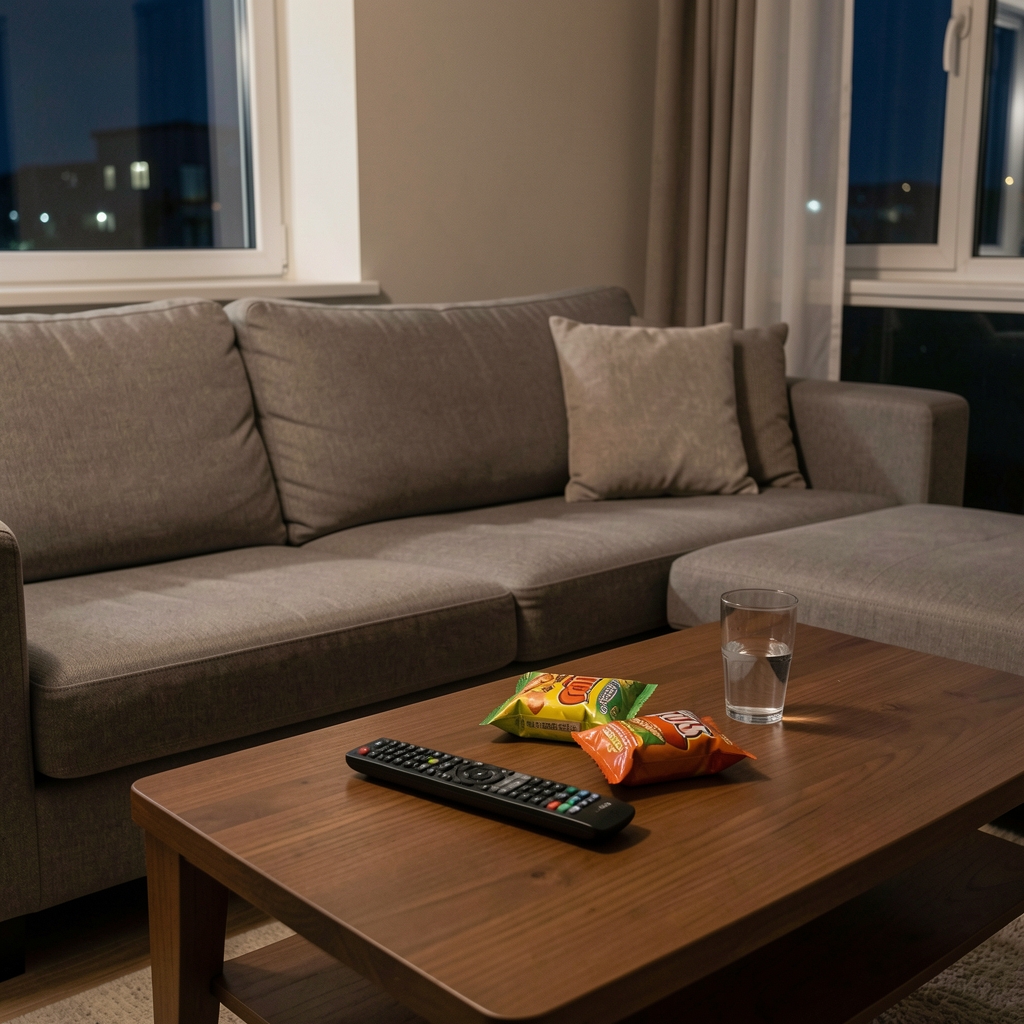 A living room sofa at night with a coffee table holding snack wrappers, a remote control, and a half-empty glass, representing the habitual context of late-evening eating