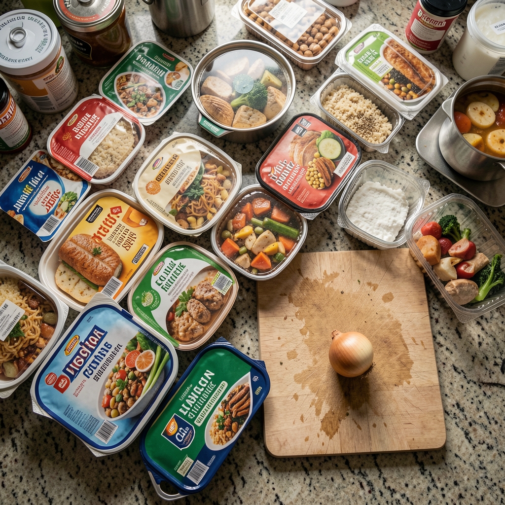 Overhead view of a crowded kitchen counter with packaged ready meals, opened takeaway containers, and a neglected chopping board with a single onion, illustrating modern convenience food reliance
