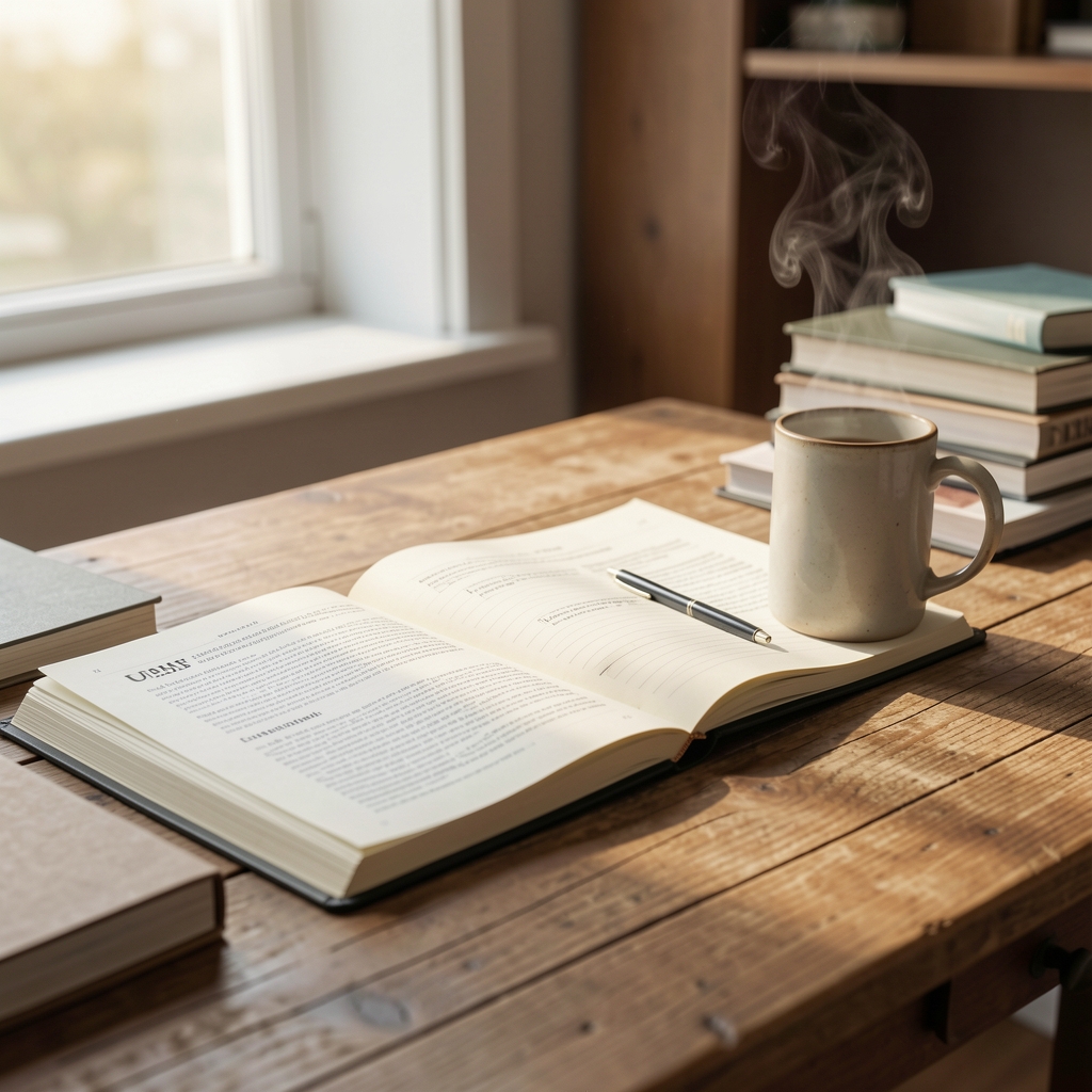 Editorial workspace at Ulderan Review, wooden desk with open notebooks, printed research papers, and a steaming mug in soft morning window light