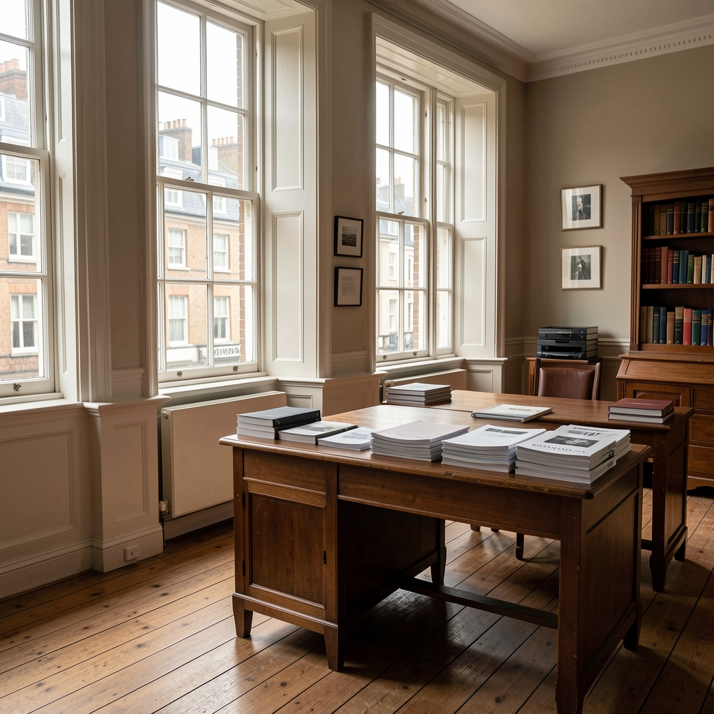 An editorial office interior in a period London building, wooden floorboards, tall sash windows, natural light, stacks of journals and printed research on a side table
