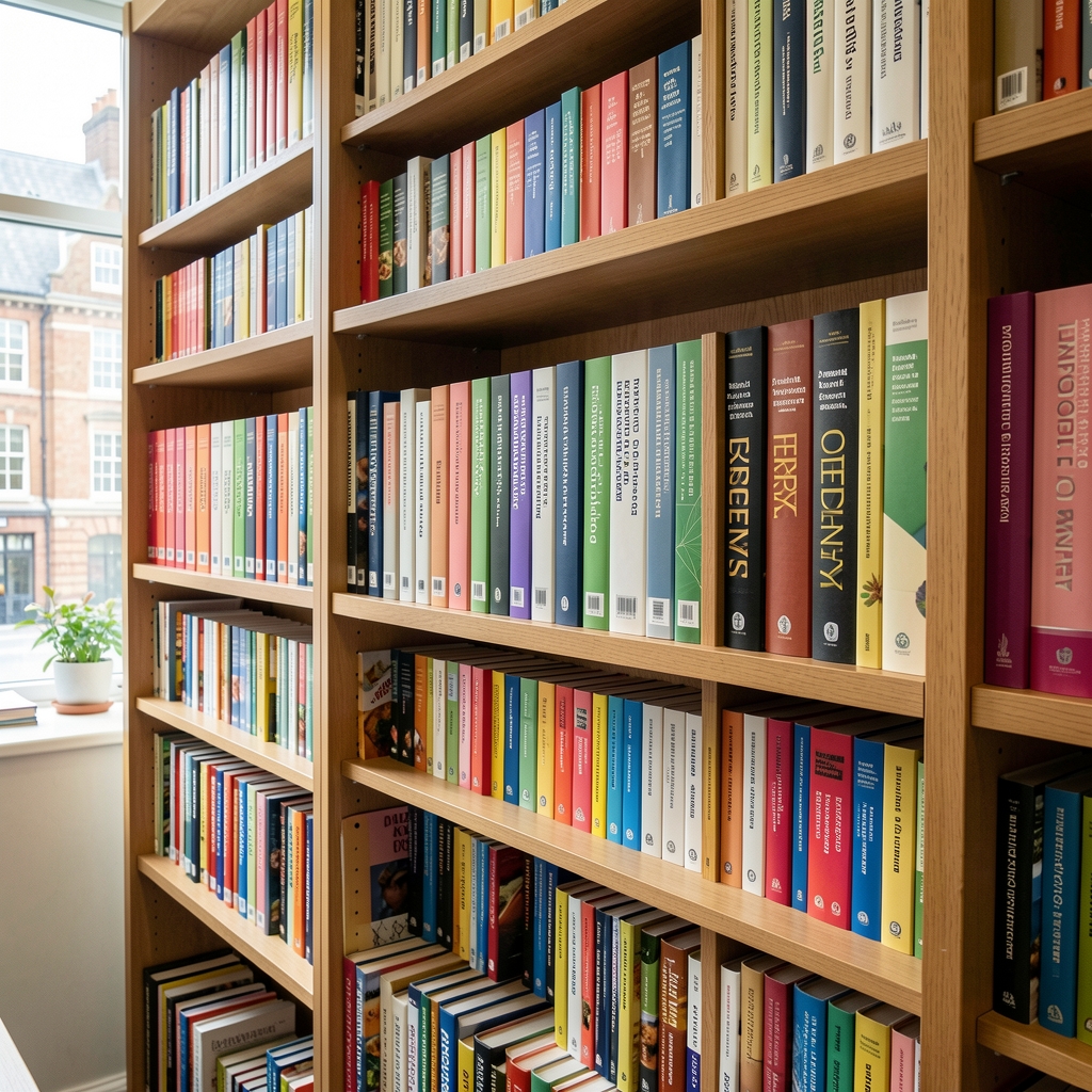 A bookshelf in an editorial office with rows of nutrition journals, food policy reports, and research compendiums, spines visible, London daytime light